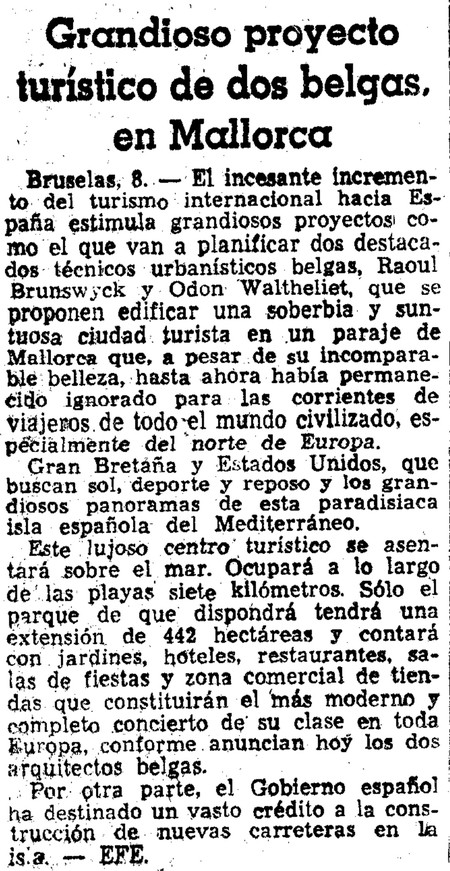 Projet de complexe touristique, Majorque, Espagne (<i>La Vanguardia Española</i>, 09.11.1962)